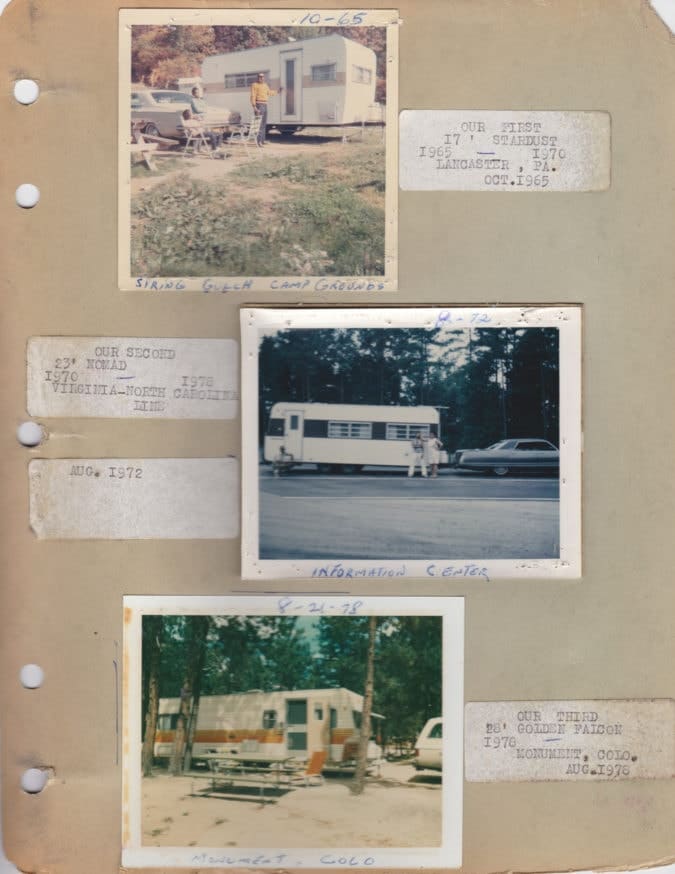 a scrapbook with three photos of rvs