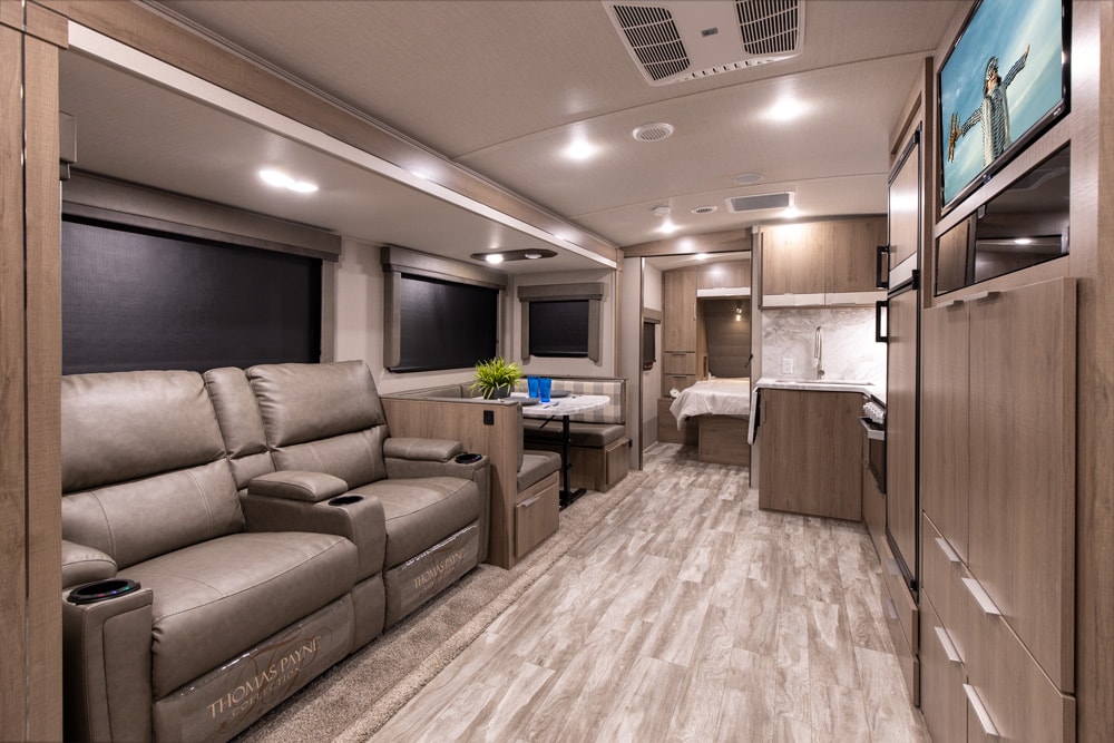 Interior of Grand Design Imagine 2600RB with open living space.