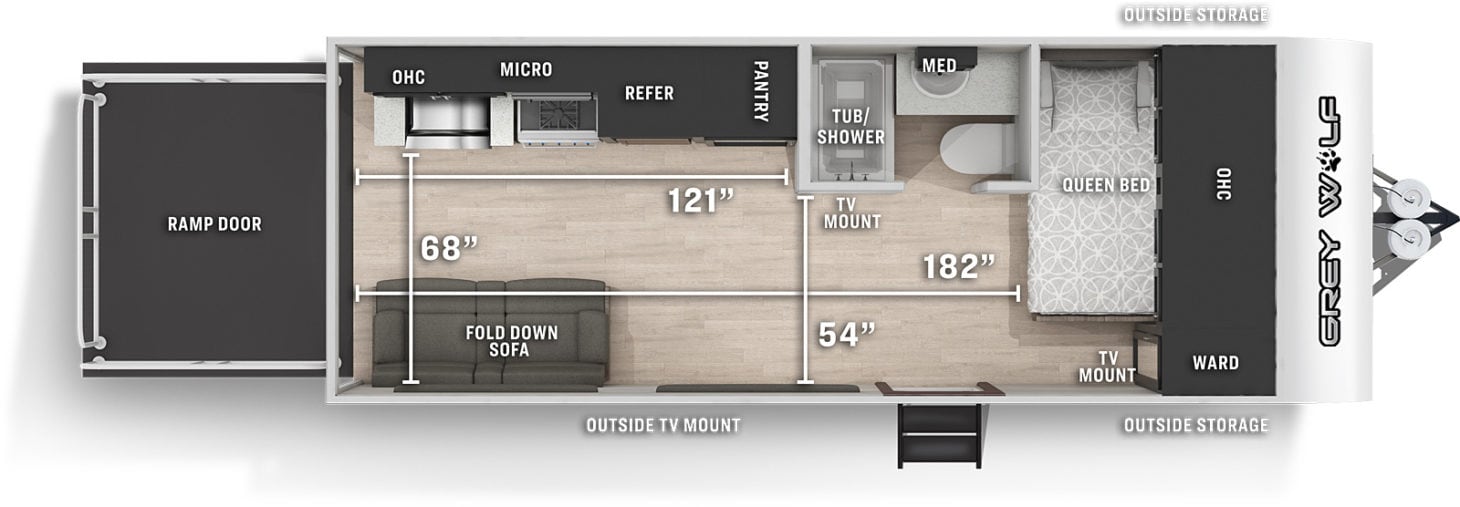Forest River Cherokee Grey Wolf 18RR floor plan with spacious back recreation space.