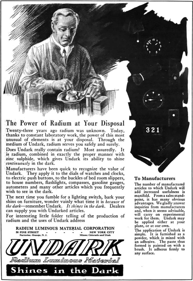 an advertisement for Undark a luminous paint made with radium