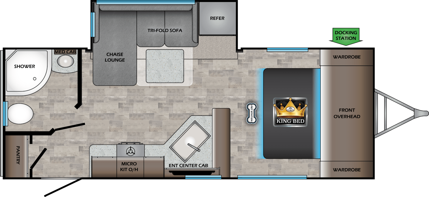 Layout for RV with chaise lounge and king-sized bed.
